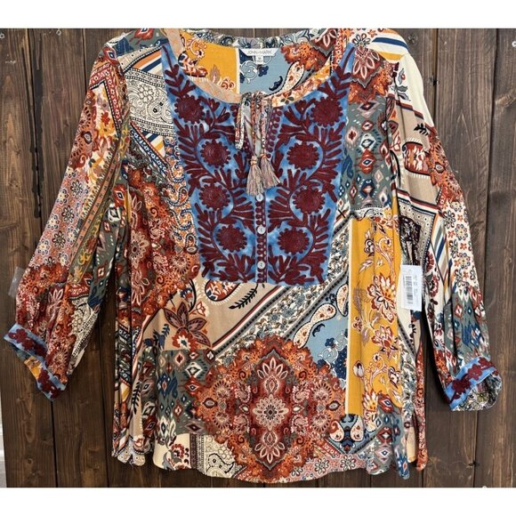 John Mark Tops - John Mark 1X Colorful Embroidered Tasseled 3/4 Sleeve Tunic Top NWOT
